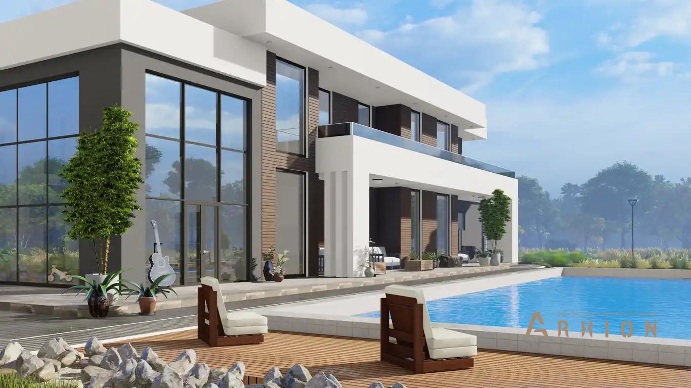 1. Проект двухэтажного дома в стиле хай-тек с плоской кровлей , h-1603, площадью - 639 кв c терассой, балконом, гаражом, вторым светом